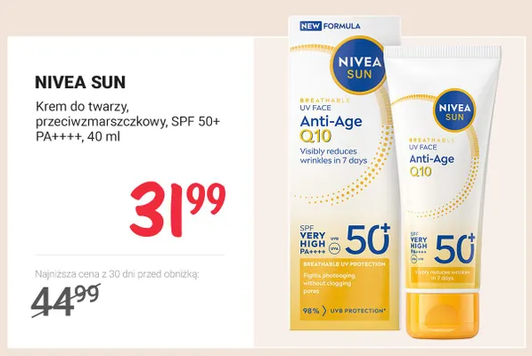 Krem do twarzy przeciwzmarszczkowy Nivea Sun SPF 50+ PA++++ promocja w Rossmann