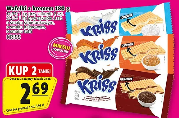 Wafelki z kremem orzechowym, mleczno-kakaowym, o smaku kajmakowym, czekoladowym promocja w Prim Market