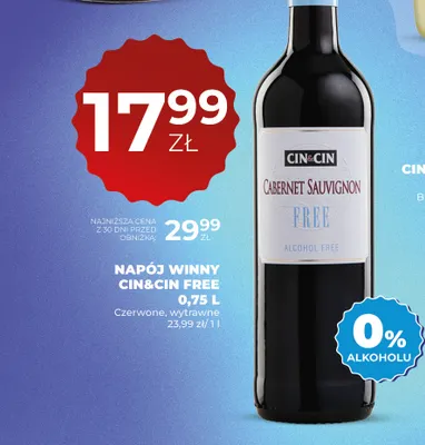Wino bezalkoholowe Napój winny bezalkoholowy Cin & Cin Cabernet Sauvignon czerwone wytrawne promocja w Duży Ben