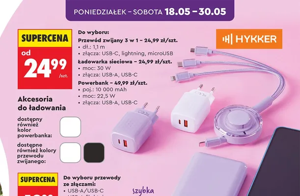 Przewód zwijany 3 w 1 HYKKER dł. 1,1m złącza USB-C lightning microUSB promocja w Biedronka