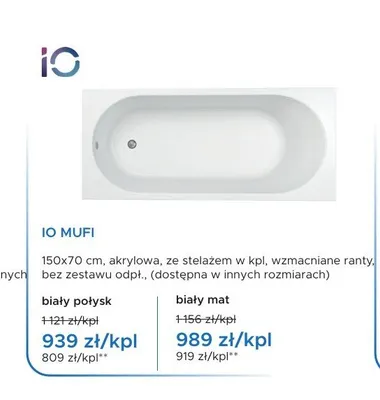 Wanna akrylowa IO Mufi biały mat promocja w Blu Salony Łazienek