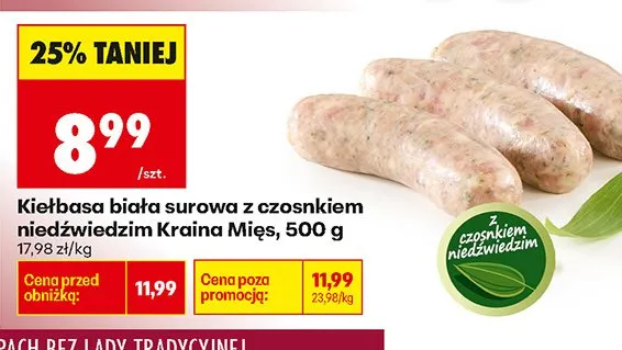 Kiełbasa biała surowa z czosnkiem niedźwiedzim promocja w Biedronka