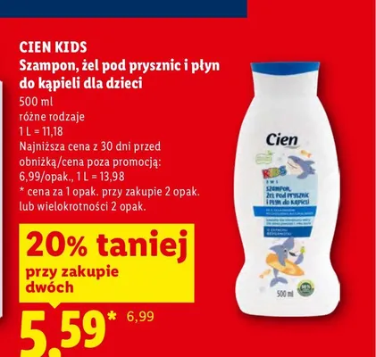 Szampon żel pod prysznic i płyn do kąpieli dla dzieci Cien Kids promocja w Lidl