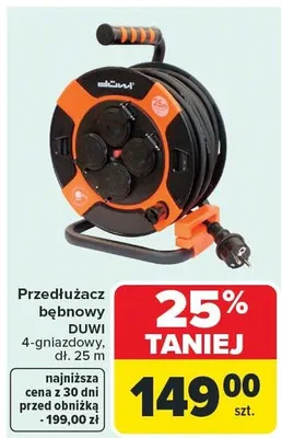 Przedłużacz bębnowy 4-gniazdowy, kolorowy dł. 25 m promocja w Carrefour
