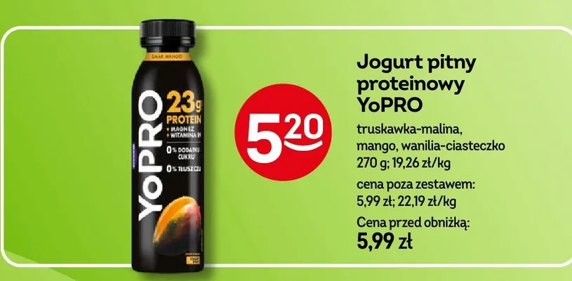 Jogurt pitny proteinowy truskawka-malina, mango, wanilia-ciasteczko promocja w Żabka