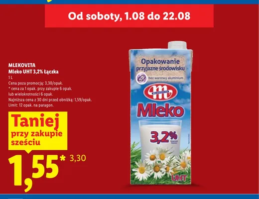 Mleko UHT 3,2% Łączka Mlekovita promocja w Lidl