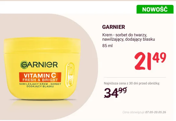 Krem-sorbet do twarzy nawilżający dodający blasku Garnier Vitamin C Fresh & Bright promocja w Rossmann