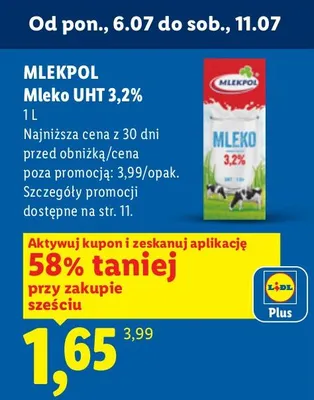 Mleko UHT 3,2% Mlekpol promocja w Lidl