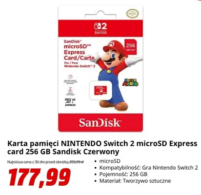 Karta pamięci SanDisk Nintendo Switch 2 microSD Express card 256GB czerwona promocja w Media Markt