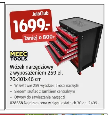 Wózek narzędziowy z wyposażeniem 259 el. 76x101x46 cm Meec Tools promocja w Jula