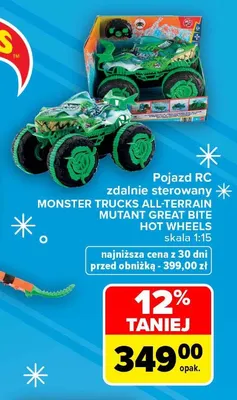 Pojazd RC zdalnie sterowany Monster Trucks All-Terrain Mutant Great Bite Hot Wheels skala 1:15 promocja w Carrefour