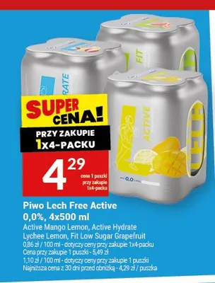 Piwo bezalkoholowe Lech Free Active 0,0% Active Hydrate Lychee Lemon 4-pak 500ml promocja w Twój Market