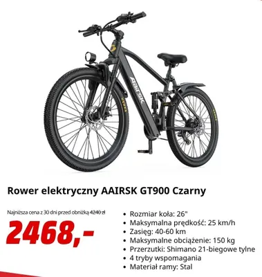 Rower elektryczny AAIRSK GT900 Czarny promocja w Media Markt
