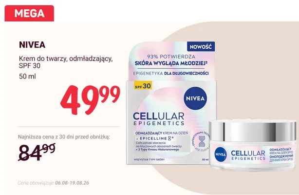 Krem do twarzy odmładzający Nivea Cellular Epigenetics SPF 30 promocja w Rossmann