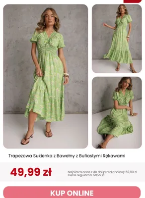Sukienka trapezowa z bawełny z bufiastymi rękawami Renee promocja w Renee
