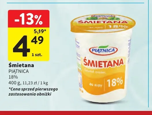 Śmietana Piątnica 18% promocja w Intermarche