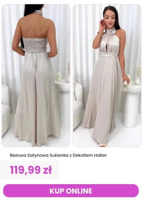 Sukienka damska satynowa beżowa z dekoltem halter ModnaKiecka.pl promocja w Modna Kiecka