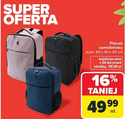 Plecak samolotowy wym. 40 x 30 x 20 cm promocja w Carrefour
