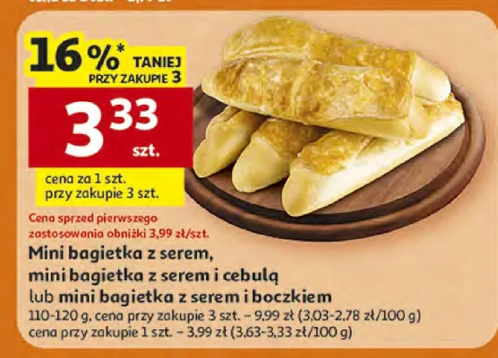 Mini bagietka z serem, mini bagietka z serem i cebulą lub mini bagietka z serem i boczkiem promocja w Auchan