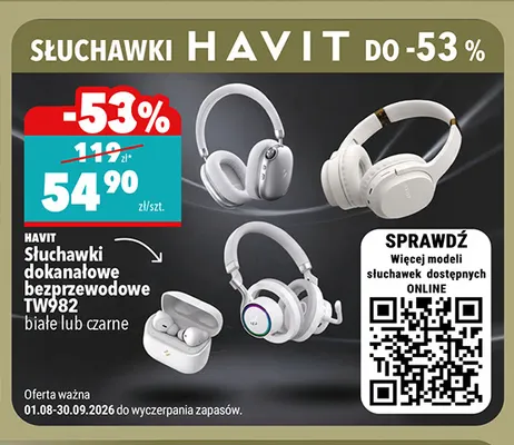 Słuchawki dokanałowe bezprzewodowe Havit TW982 czarne promocja w Biedronka