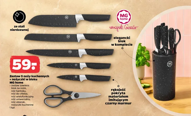 Zestaw 5 noży kuchennych + nożyczki w bloku Mg home promocja w Netto