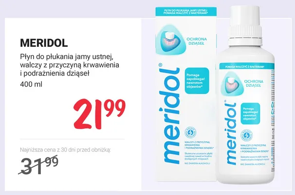 Płyn do płukania jamy ustnej Meridol walczy z przyczyną krwawienia i podrażnienia dziąseł promocja w Rossmann