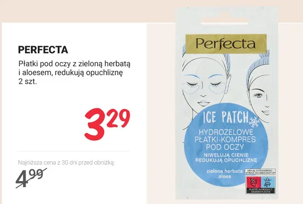 Płatki pod oczy z zieloną herbatą i aloesem, redukują opuchliznę Perfecta promocja w Rossmann