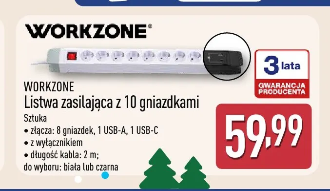Listwa zasilająca z 10 gniazdkami Workzone promocja w Aldi