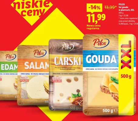 Ser gouda w plastrach XXL Pilos promocja w Lidl