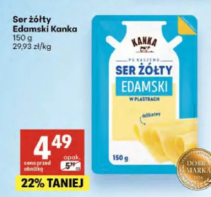 Ser żółty Edamski w plastrach Kanka promocja w Delikatesy Centrum