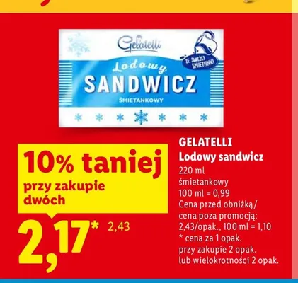 Lody sandwicz śmietankowy Gelatelli promocja w Lidl