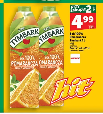 Sok pomarańcza Tymbark 100% promocja w TOPAZ