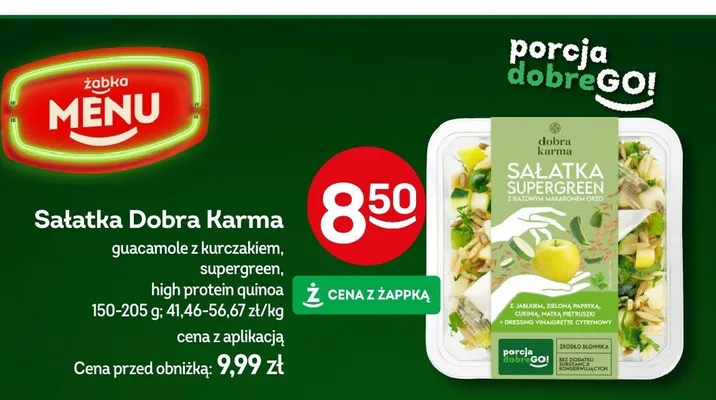 Sałatka Supergreen z zielonymi warzywami oraz guacamole z kurczakiem, supergreen, high protein quinoa promocja w Żabka