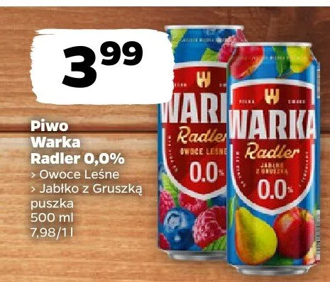 Piwo Warka Radler 0,0% Jabłko z Gruszką promocja w Netto