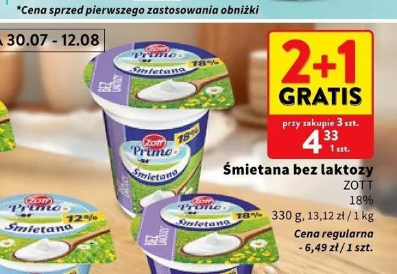 Śmietana bez laktozy Zott Primo 18% promocja w Intermarche