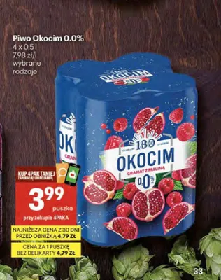 Piwo bezalkoholowe Okocim 0.0% Granat z maliną 4-pak 500ml promocja w Delikatesy Centrum