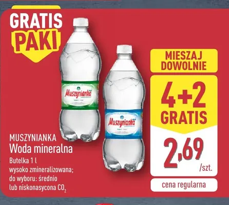 Woda mineralna gazowana Muszynianka niskonasycona CO2 promocja w Aldi