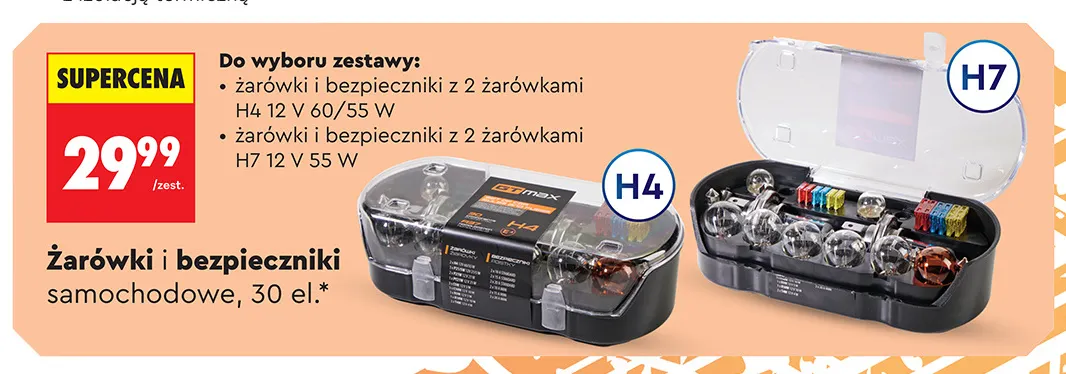 Żarówki i bezpieczniki samochodowe z 2 żarówkami H7 30 el. Gt Max promocja w Biedronka
