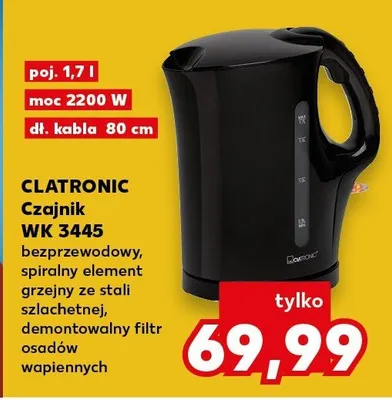 Czajnik Clatronic WK 3445 bezprzewodowy spiralny element grzejny ze stali szlachetnej demontowalny filtr osadów wapiennych 1,7l 2200W promocja w Kaufland