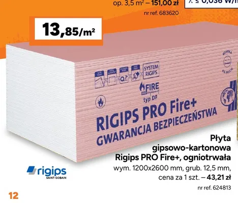 Płyta gipsowo-kartonowa Rigips Pro Fire+ ogniotrwała promocja w Bricoman