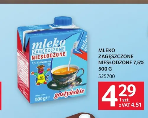 Mleko zagęszczone niesłodzone Gostyńskie 7,5% promocja w Selgros