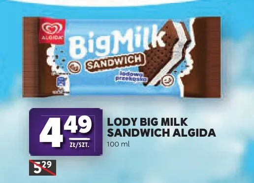 Lody Big Milk Sandwich Algida promocja w Stokrotka