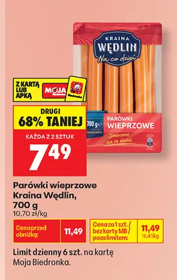 Parówki wieprzowe Kraina Wędlin promocja w Biedronka