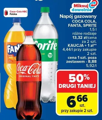 Napój gazowany Coca Cola, Fanta, Sprite różne rodzaje promocja w Carrefour