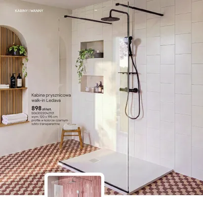 Kabina prysznicowa walk-in Ledava czarna promocja w Castorama