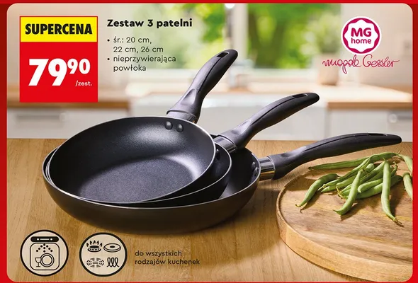 Zestaw 3 patelni MG Home Magda Gessler nieprzywierająca powłoka śr. 20cm 22cm 26cm promocja w Biedronka