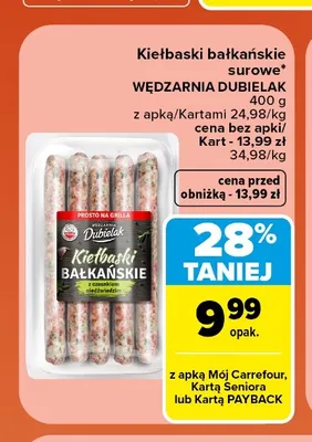 Kiełbaski bałkańskie surowe Wędzarnia Dubielak promocja w Carrefour