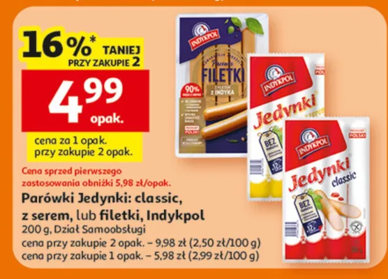 Parówki Jedynki classic z serem lub filetki Indykpol promocja w Auchan
