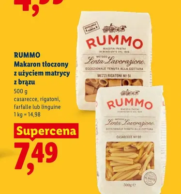 Makaron tłoczony z użyciem matrycy z brązu rigatoni Rummo promocja w Lidl