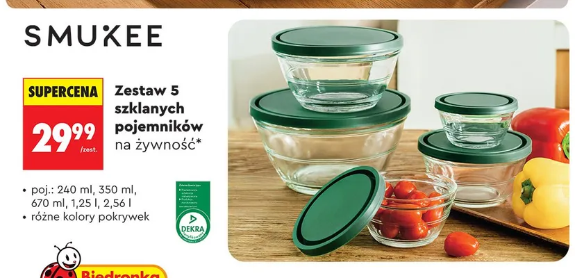 Zestaw 5 szklanych pojemników na żywność Smukee promocja w Biedronka